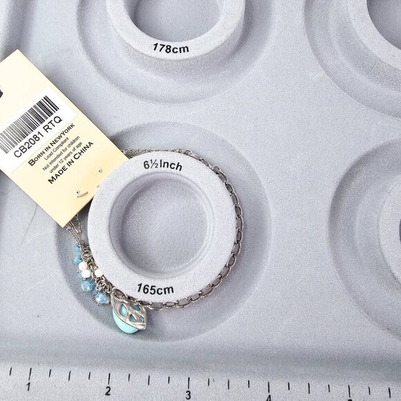 Silver Leaf Charm Bracelet With Turquoise Blue Stone And Beaded Accents NWT - Picture 12 of 12